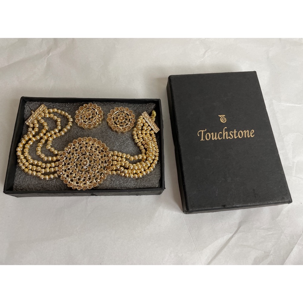 Touchstone Bollywood Yellow Rhinestone Gold Beaded Choker Necklace & Earrings - Picture 2 of 16